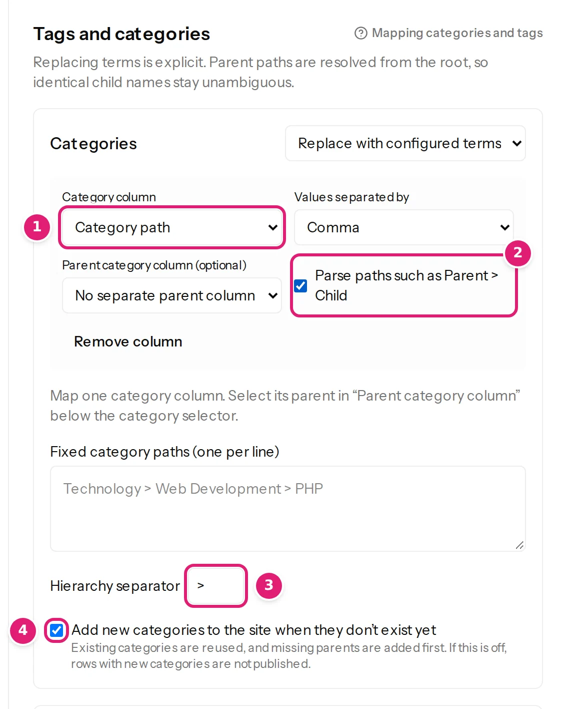 The category settings: a Category path column, Parse paths ticked, the separator and the option to add new categories