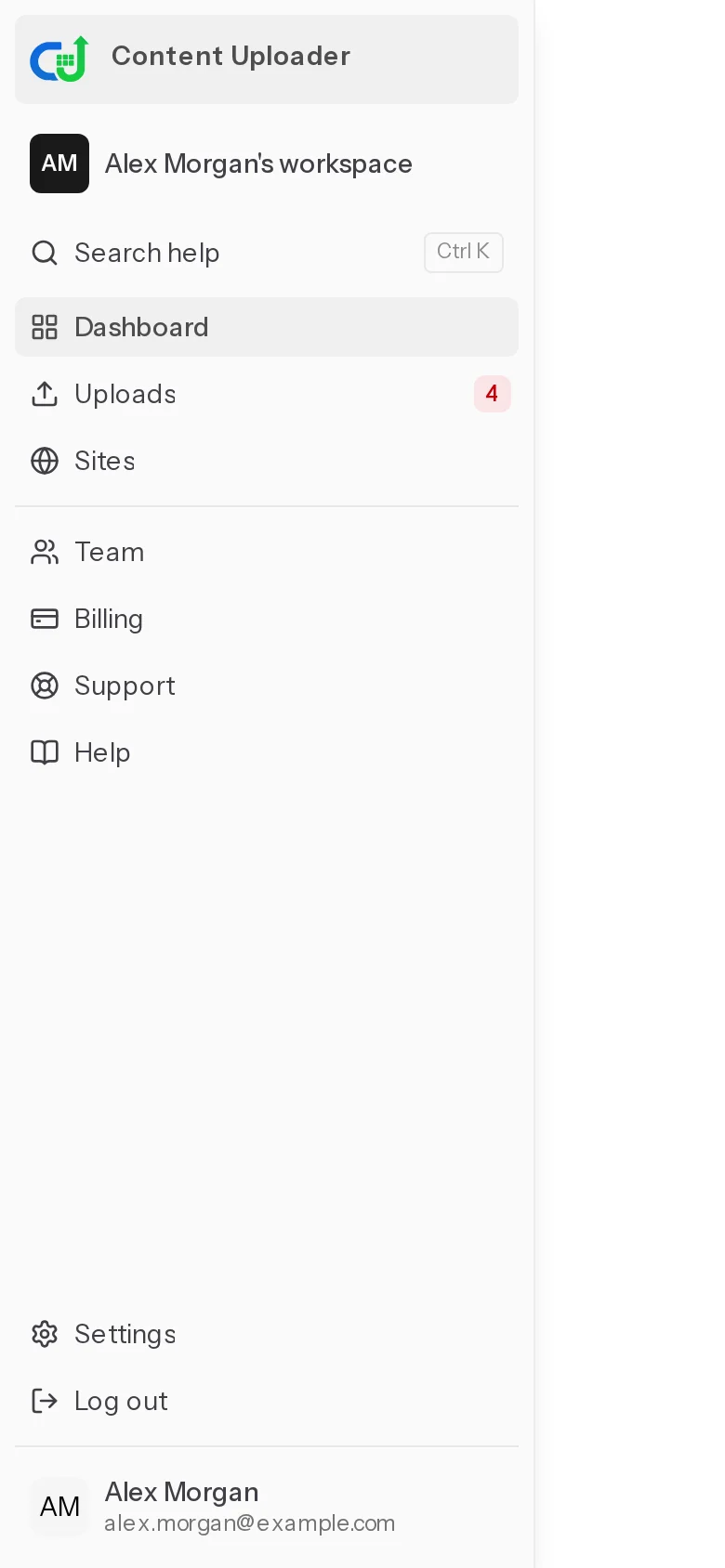 The menu opened on a phone, with Dashboard, Uploads, Sites, Team, Billing, Support and Help