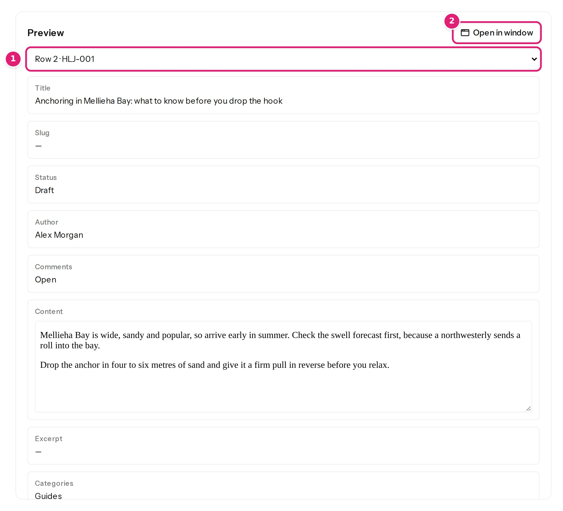 The preview panel of the configuration editor: a sample record chosen from the first rows of the file, and every field shown as it would be published
