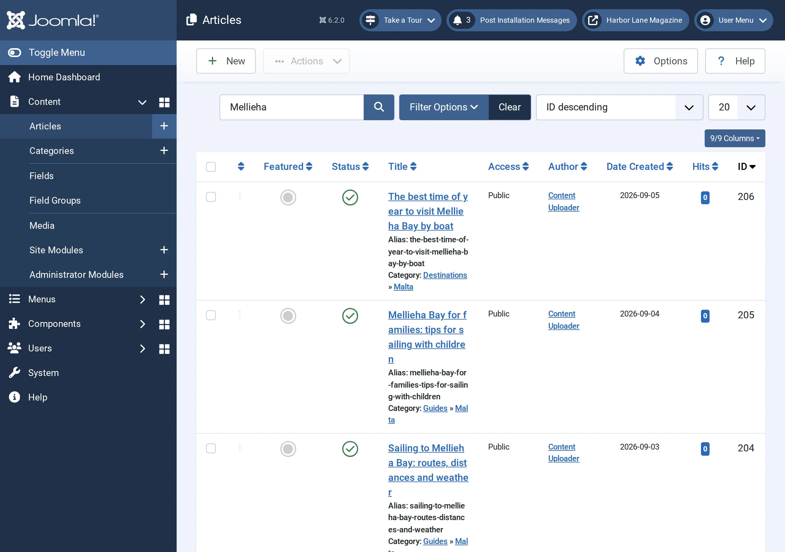 Joomla’s Articles list after publishing: the new articles are published, each with its alias and its category, and their author is Content Uploader