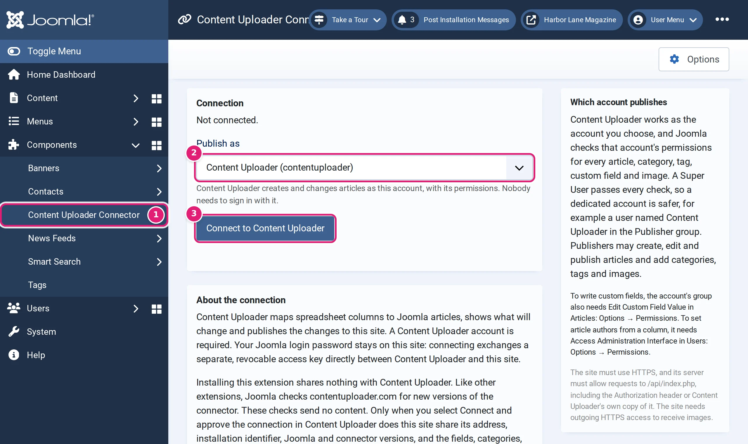Joomla’s Content Uploader Connector screen: the Publish as list with the account Content Uploader, and the Connect to Content Uploader button