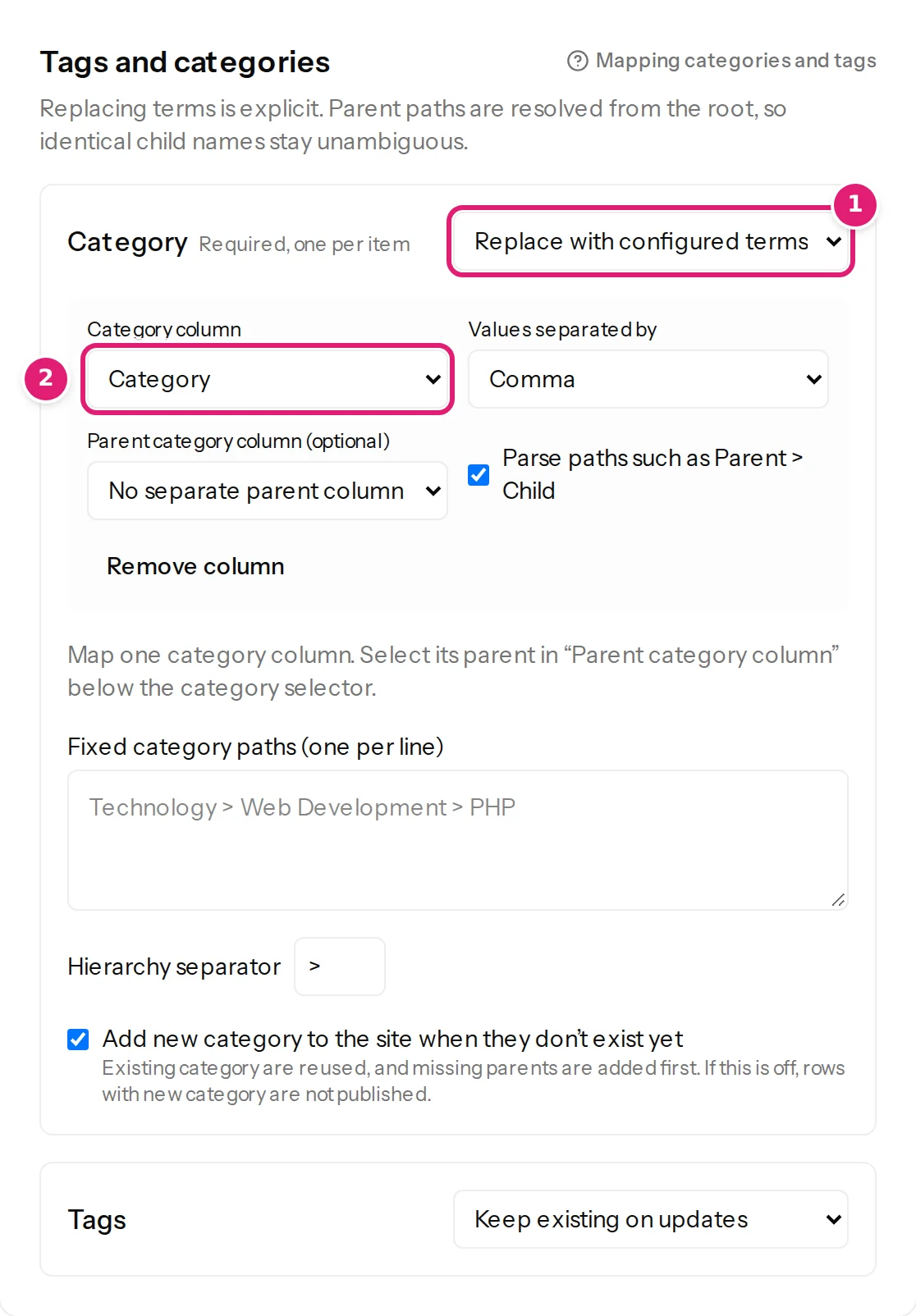 The Tags and categories section for Joomla: the category, marked required with one value for each item, its column and the option to read paths