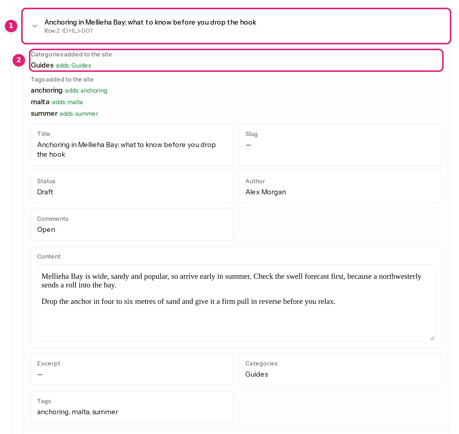 A new item opened in the review: the categories and tags it adds, then each field with its value