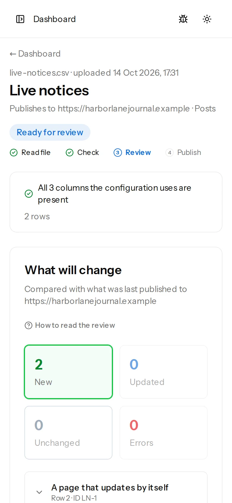The review of a file on a phone: the file's name, the steps, the summary and the first tiles in one column