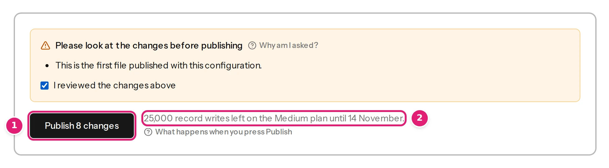 The Publish button with the notes beside it about the allowance, skipped rows and unchanged items