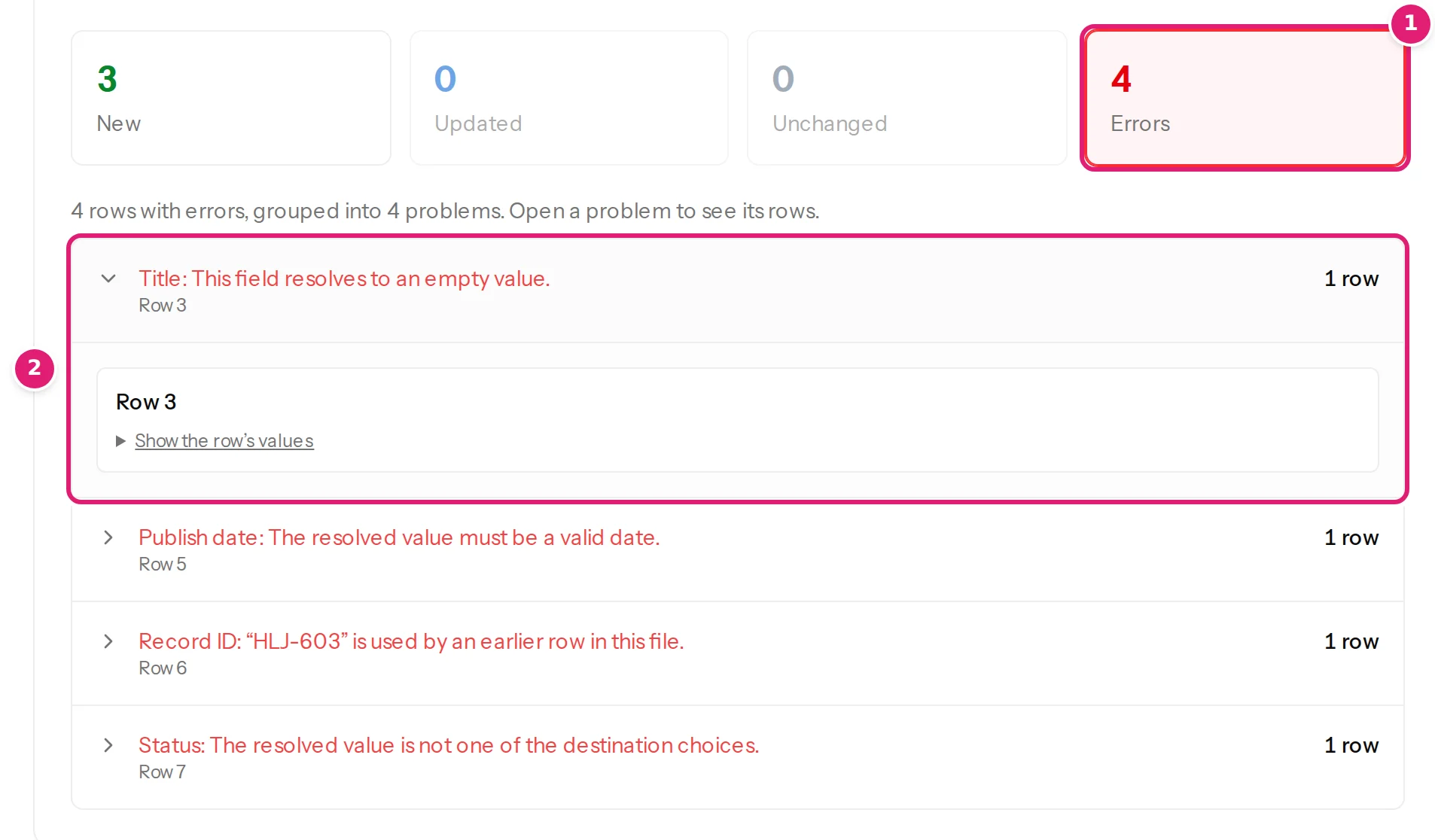 The review’s Errors list: four rows with errors, grouped by message, each with its row number