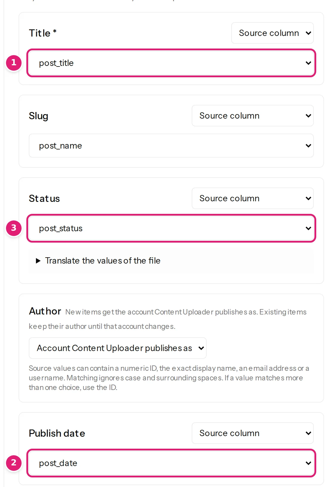The Title, Slug, Status and Publish date fields, each set to a source column of the export