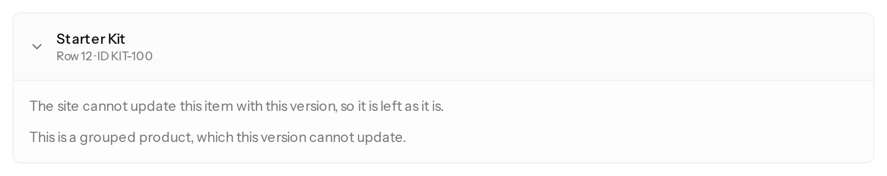 A skipped product: the shop says it is a grouped product, which this version cannot update