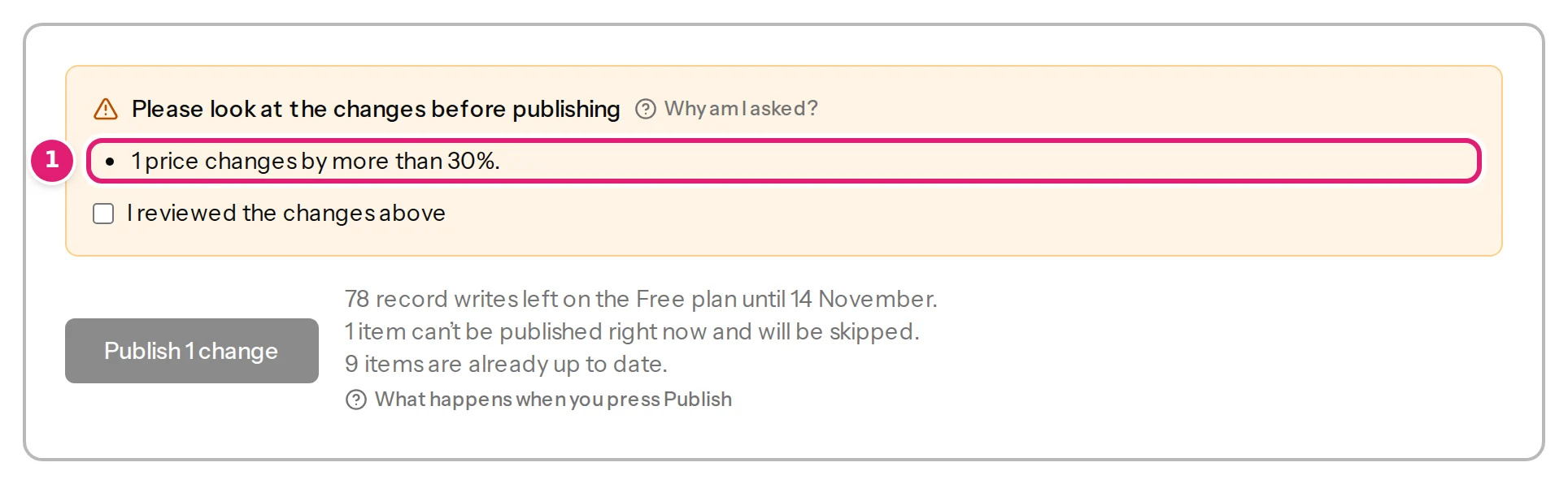 The review of a file that waits for a person although the configuration publishes by itself, with the price that moves too far marked as the reason